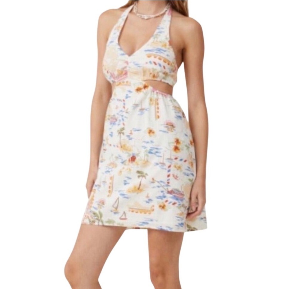 Cotton On Winnie Halter Mini Dress Women's US 8 Postcard Print Cutout